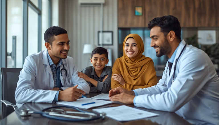famille marocaine souriante dans un cabinet médical moderne au Maroc,